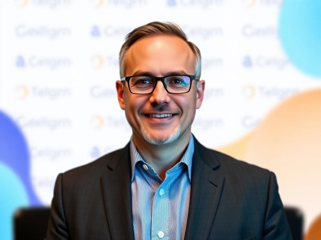Corporate branded AI portrait of an attendee in front of a logo backdrop