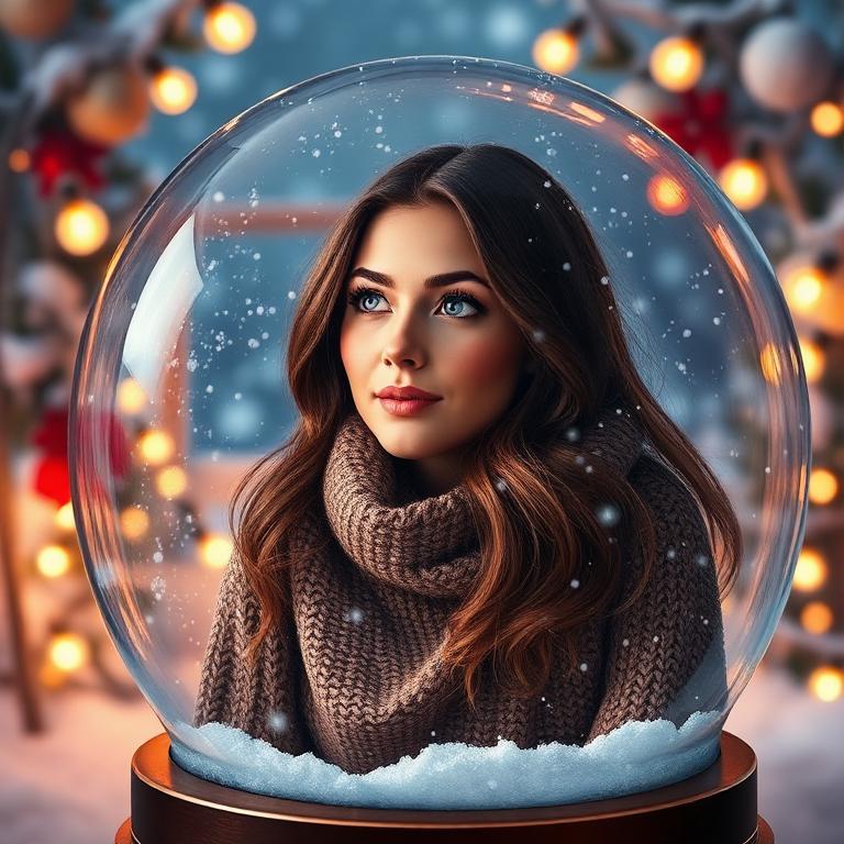 Holiday themed AI portrait of a guest inside a festive snow globe
